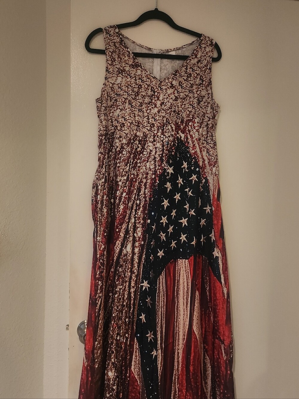 Patriotic American Flag Print Maxi Dress in Red, White & Blue NWOT